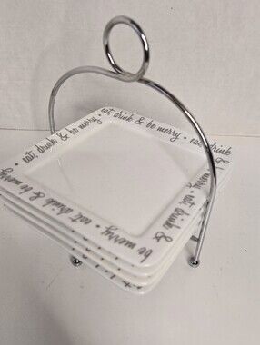 Ciroa Eat Drink & Be Merry Platinum Square Appetizer Plates x4 Metal Srand